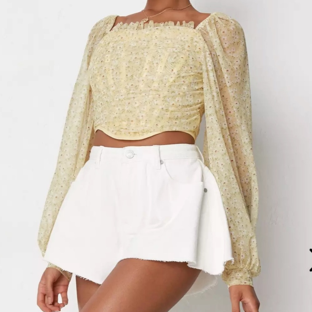 Missguided Yellow Floral Puff Long Sleeve Milkmaid Corset Top